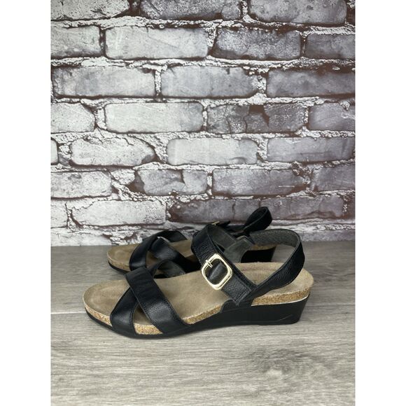 NAOT Throne Criss Cross Leather Black Ankle Strap Wedge Sandals Women Sz 40EU/9M - Picture 1 of 16